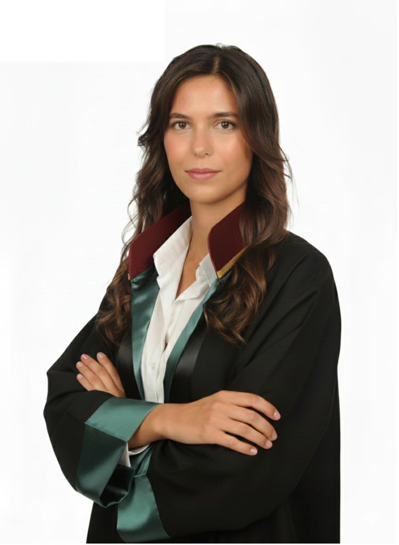 Avukat cübbesi giymiş Av. Zeynep Balkan portresi.